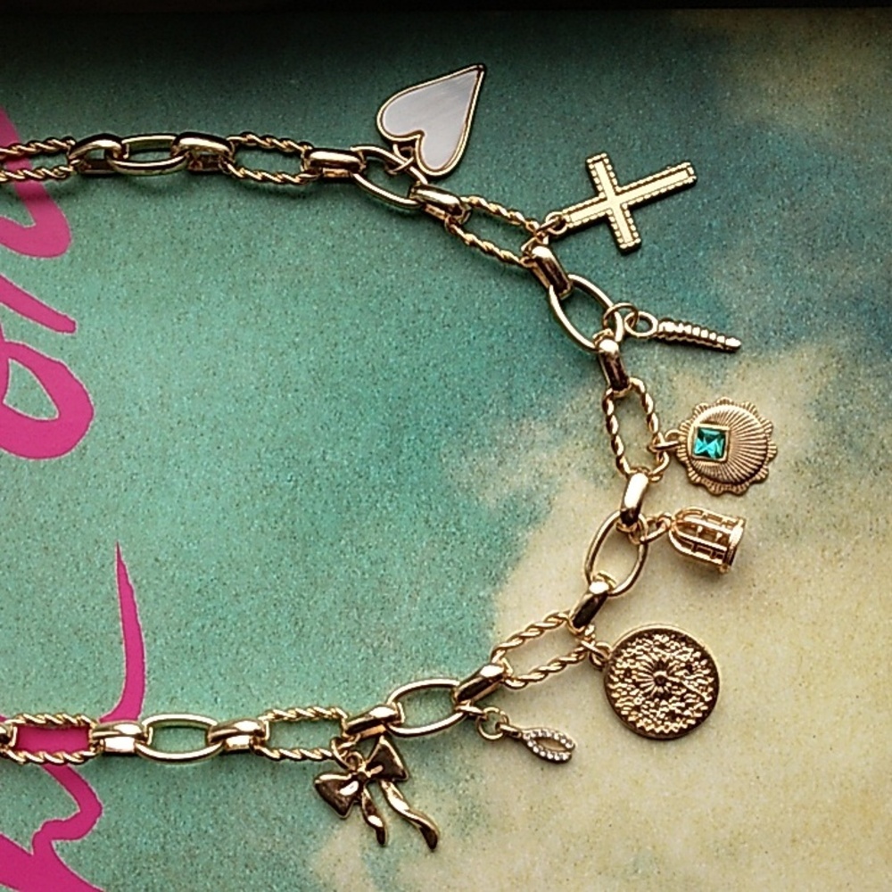 Gold Charm Necklace with 8 Charms